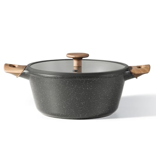 CAROTE カローテ 両手鍋 24cm IH&ガス火対応 卓上鍋 PFOAなどの有害物質不使用 5層構造 マーブルコーティング くっつきにくく手入れ簡単 煮物 カレー シチュー 強化ガラス蓋付き 一人暮らし１年保証 Cosy Blackシリーズ 黒 ブラック 1枚目 画像