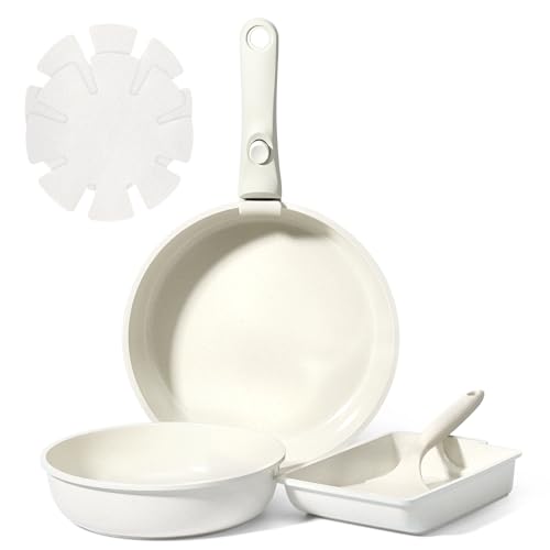 GiPP セラミックコーティング フライパン セット 7点 IH・ガス火対応 フッ素不使用 体に害のない くっつきにくい 鍋セット 取っ手が取れる 卵焼きフライパン 軽量 お手入れ簡単 食洗機対応 オーブン対応 PTFE PFOA PFOS フリー 【一年保証】ホワイト 1枚目 画像