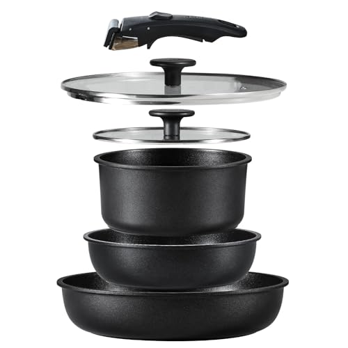 CAROTE カローテ フライパン 鍋 セット IH&ガス火対応 6点 PFOAなどの有害物質不使用 プロ仕様 5層構造 チタンコート 軽量 取っ手のとれる 洗練されデザイン コンパクト収納 1人暮らしセット 新生活セット 取っ手のとれる こびりつかずに お手入れ簡単 黒 ブラック 1枚目 画像