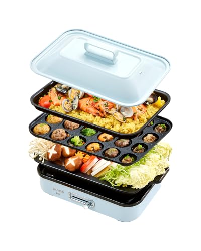 SOLEMOOD コンパクトホットプレート グリル鍋 着脱式プレート 温度調節機能付き 洗いやすい おしゃれ かわいい 1000W高出力 プレート選択可能 1~4人用 小型 ひとり暮らし にも (プレート3種(平面・たこ焼き・鍋)-ブルー) 1枚目 画像