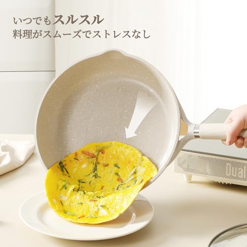 CAROTE カローテ フライパン 蓋付き 24cm ih対応 PFOA PFOS フリー マーブルコート ツルツルすべる くっつきにくい 洗いやすい 目玉焼き オムレツ オール熱源対応 一年保証 グレージュ Cosyシリーズ 中間 画像