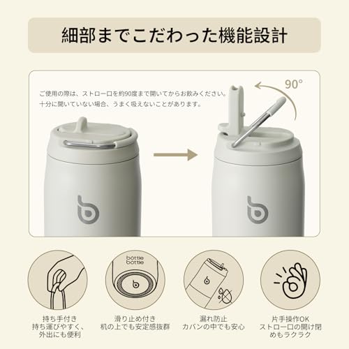 BOTTLE BOTTLE 水筒 1リットル 大容量 1000ml ストロー付き 直飲み 保温保冷 真空断熱 子供 大人 持ち手付き おしゃれ 1L ボトル ステンレス 魔法瓶 二重構造 女の子 男の子 持ち運び スポーツ アウトドア ライトグレー 中間 画像