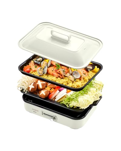 SOLEMOOD コンパクトホットプレート グリル鍋 着脱式プレート 温度調節機能付き 洗いやすい おしゃれ かわいい 1000W高出力 プレート選択可能 1~4人用 小型 ひとり暮らし にも (プレート2種(平面・鍋)-ホワイト) 1枚目 画像
