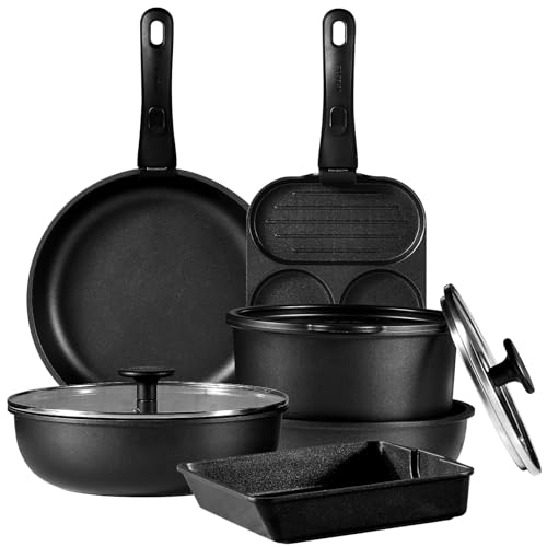 CAROTE カローテ フライパン セット 11点 IH&ガス火対応 チタンコート PFOAなどの有害物質不使用 一年保証 洗練されデザイン 鍋セット 軽量 コンパクト収納 取っ手のとれる こびりつかずに お手入れ簡単 新生活応援 黒 ブラック 1枚目 画像