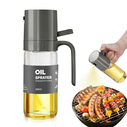 AUTAKI オイルスプレー オリーブオイル 250ml 【日本JFSL370認証】耐熱ガラス オイルボトル 霧吹き スプレー オイル噴射管付属フィルター 片手でも使用可能 液だれしない 垂れない 小さい 料理用 オイルポット 食用油 キッチン用具 調味料入れ 食用油 グレープシード 料理用しょうゆ 各種調味料 (グレー) 1枚目 画像