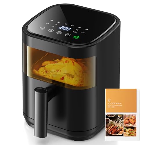 ノンフライヤー 3L 電気フライヤー ノンオイル 揚げ物 惣菜 1~2人用 可視窓 エアフライヤー LEDディスプレイ タッチパネル タイマー 温度調整 中断記憶 日本語説明書 日本語レシピ付き PSE認証済 黒色 1枚目 画像