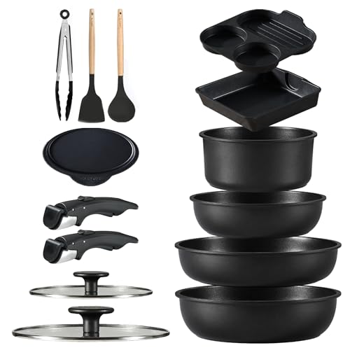 CAROTE カローテ フライパン 鍋 セット IH&ガス火対応 14点 PFOAなどの有害物質不使用 プロ仕様 5層構造 チタンコート 軽量 取っ手のとれる 洗練されデザイン コンパクト収納 玉子焼き器 卵焼きフライパン 取っ手のとれる こびりつかずに 調理器具セット お手入れ簡単 黒 ブラック 1枚目 画像