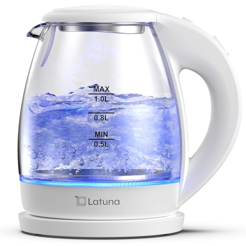 電気ケトル ガラス ケトル 湯沸かしケトル LEDライト付 電気 ポット 【コップ1杯95秒】 1.0L [Latuna ラチュナ] コーヒー 湯沸かしポット 小型 おしゃれ 紅茶 お茶 空焚き防止 PSE認証済み （ホワイト） 1枚目 画像