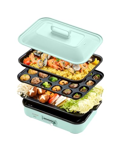 SOLEMOOD コンパクトホットプレート グリル鍋 着脱式プレート 温度調節機能付き 洗いやすい おしゃれ かわいい 1000W高出力 プレート選択可能 1~4人用 小型 ひとり暮らし にも (プレート3種(平面・たこ焼き・鍋)-グリーン) 1枚目 画像