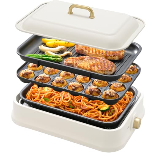 オーム(OHM) ホットプレート 3枚セット(平面プレート/たこ焼きプレート/焼肉(ディンプル)プレート) コンパクト オーム電機 COK-PYH100AZ 08-1706 1枚目 画像