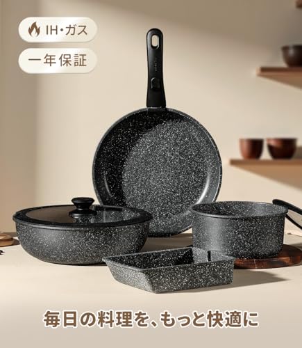 CAROTE カローテ フライパン セット 12点 IH·ガス火対応 PFOAなどの有害物質不使用 プロ仕様 5層構造 軽量 取っ手のとれる マーブルコート スルスルすべる くっつきにくい 鍋セット お手入れが簡単 オーブン対応 新生活応援 一年保証 黒 ブラック EWシリーズ 最後 画像