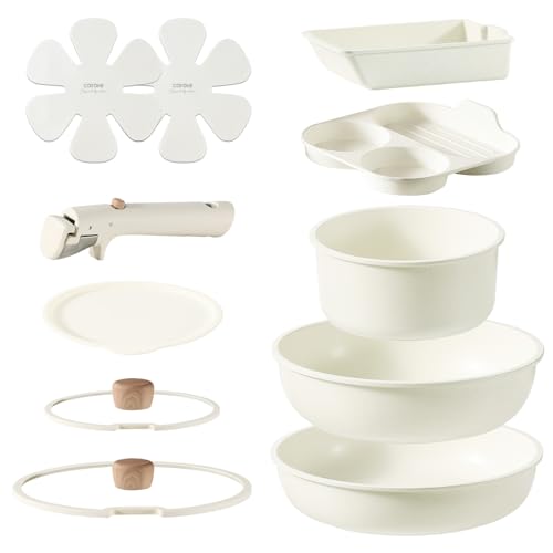 CAROTE カローテ フライパン セット 11点 IH·ガス火対応 PFOAなどの有害物質不使用 5層構造 鍋セット 卵焼き 仕切りフライパン 取っ手のとれる マーブルコート こびりつきにくい 手入れ簡単 一年保証 ベージュ Grain グレインシリーズ 1枚目 画像