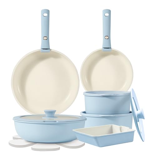 CAROTE カローテ フライパン セット 16点 IH対応 ガス火対応 PFOAなどの有害物質不使用 5層構造 軽量 取っ手のとれる マーブルコート くっつきにくい 鍋セット 洗いやすい オーブン対応 一年保証 「アイスクリーム」シリーズ ブルー 水色 1枚目 画像