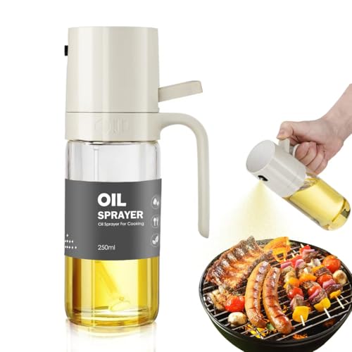 AUTAKI オイルスプレー オリーブオイル 250ml 【日本JFSL370認証】耐熱ガラス オイルボトル 霧吹き スプレー オイル噴射管付属フィルター 片手でも使用可能 液だれしない 垂れない 小さい 料理用 オイルポット 食用油 キッチン用具 調味料入れ 食用油 グレープシード 料理用しょうゆ 各種調味料 (クリーム) 1枚目 画像