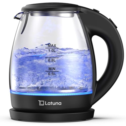 電気ケトル ガラス ケトル 湯沸かしケトル LEDライト付 電気 ポット 【コップ1杯95秒】 1.0L [Latuna ラチュナ] コーヒー 湯沸かしポット 小型 おしゃれ 紅茶 お茶 空焚き防止 PSE認証済み (ブラック) 1枚目 画像