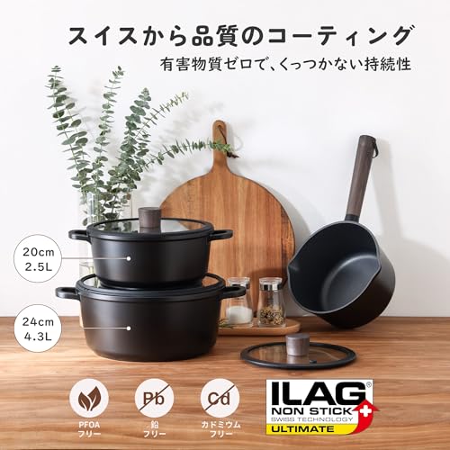 SENSARTE 両手鍋 20cm 鍋 深型 蓋付き 焦げ付きにくい 卓上鍋 カレー鍋 ガス火対応 お手入れ簡単 鍋料理 すき焼き鍋 煮物 ブラック 最後 画像