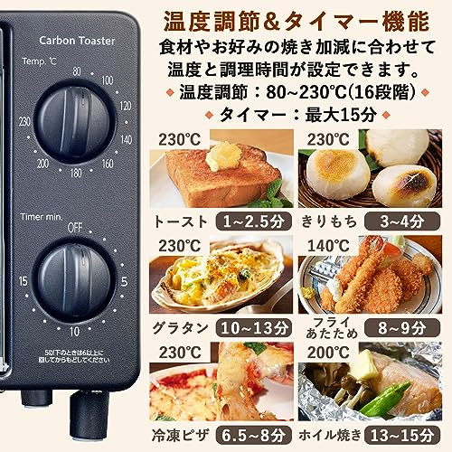 [山善] カーボン トースター オーブントースター 一人暮らし 二人暮らし 2枚焼き 「トーストが90秒で完成」 温度調節 タイマー機能 1200W 受け皿付き ブラック YTSC-C120(B) 中間 画像