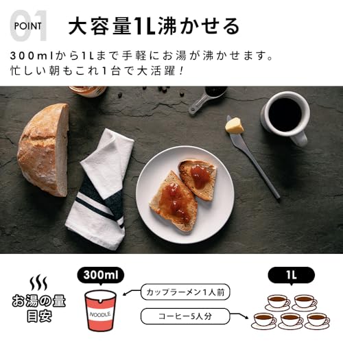 ヒロコーポレーション ヒロ・コーポレーション 中身が見やすい 電気ケトル 保証付き 空焚き防止機能付き 1.0L コンパクト グレー KTK-300-Gの特徴・詳細 画像