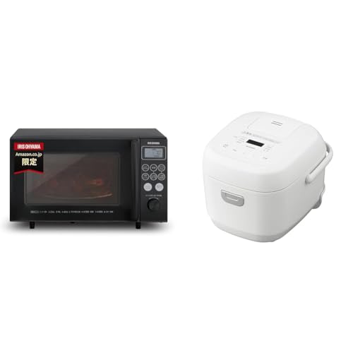アイリスオーヤマ 新生活セット2点セット オーブンレンジ15L 黒+3合マイコン炊飯器(白)の外観・全体像 画像