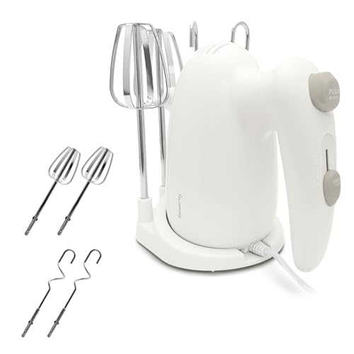 ヒロコーポレーション フワパティ ハンドミキサー 小型 強力100W 超軽量520g 収納スタンド付き 2種ビーター ビーター ニーダー 泡立て こねる まぜる 生クリーム ホイップ メレンゲ パン生地 肉ダネ スピード調節（5段階）ホワイト×グレージュの外観・全体像 画像