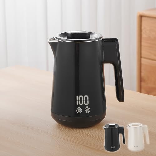 【速く沸いた後も温もり持続】 SKK 電気ケトル 0.8L 保温機能 6段階温度調節 空焚き防止 ふた取り外し可能 ステンレス 2重構造 シンプル 一人暮らし 新生活 800W 【日本企業】 (ブラック)の外観・全体像 画像
