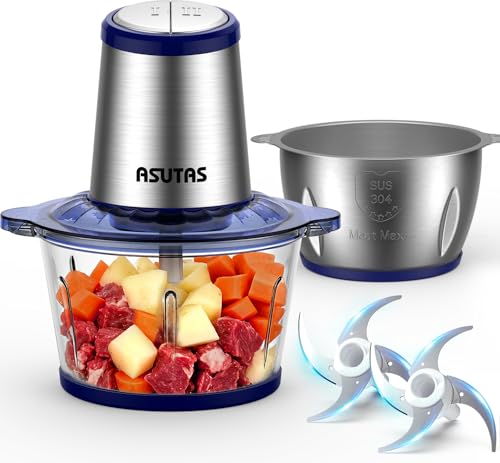 ASUTAS フードプロセッサー 2L大容量 【2ボウル】 1台5役 (刻む・混ぜる・潰す・砕く・粗おろし) 400Wハイパワー 2段階スピード 4枚刃カッター フードチョッパー 氷も砕ける ブレンダー 離乳食 電動 挽肉 みじん切り フードミキサー 家庭用 水洗い可能 スムージー PSE認証 ブルーの外観・全体像 画像