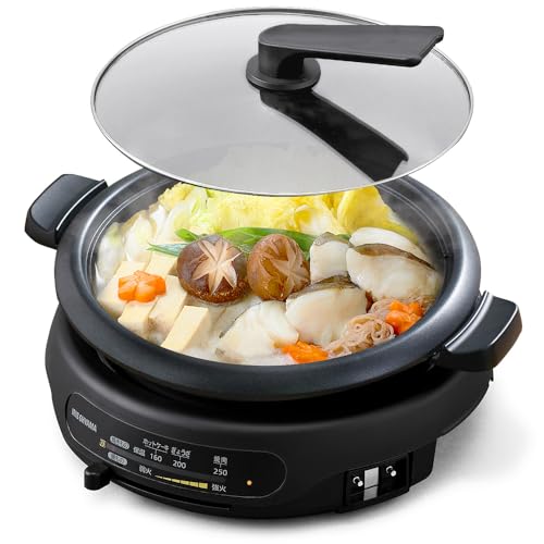 アイリスオーヤマ ホットプレート 電気鍋 グリル鍋 1枚タイプ 深鍋 保温~約250℃ 保証付き 高火力1300W プレート 2~4人用 ブラック IGU-B1-Bの外観・全体像 画像