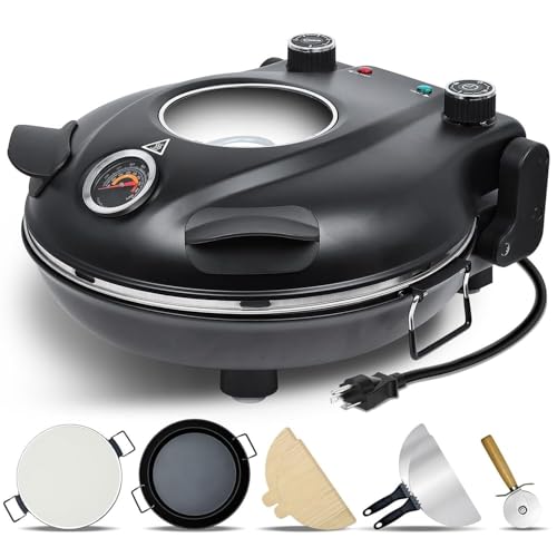 電気ピザオーブン 12 インチ 800°F 高温対応 家庭用 ピザストーン付き グリルパン付き タイマー機能 温度計内蔵 両面発熱 ピザ/チキンウイング/バーベキュー/肉焼き対応 お手入れ簡単(黒)の外観・全体像 画像