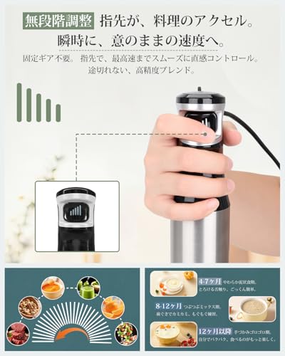 LAZYME ハンドブレンダー 【無段階変速】電動ハンドミキサー フードプロセッサー 離乳食/スムージー/下ごしらえ/スープメーカー/氷も砕ける 1台多役 ギフト プレゼント 時短 フードプロセッサー ミキサー ジューサー 氷・肉・果物・野菜 調理器具の特徴・詳細 画像