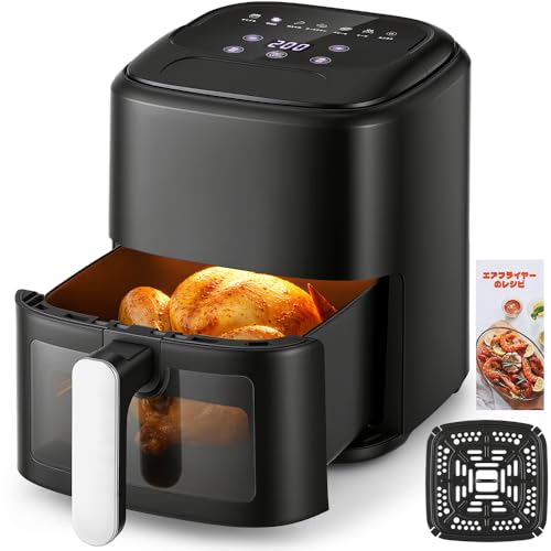 ノンフライヤー 4.5L 揚げ物 LEDタッチパネル 【90%脂質カット 7つのメニュー設定 温度調節】省エネ エアフライヤー 循環熱風 可視窓付き 最高温200℃ 温度調節 過熱保護 卓上 コンパクト ノンフライヤー 一人用 電ンオイルフライヤー 惣菜 ポテト 気フライヤー 食惣菜調理機 家庭用 レシピ付き グリルプレート PSE認証済みの外観・全体像 画像