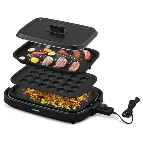 アイリスオーヤマ ホットプレート 網焼き風ホットプレート 3枚焼き (たこ焼きプレート/平面プレート/焼肉プレート) シンプルIHA-A30-B ブラックの外観・全体像 画像
