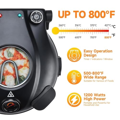 電気ピザオーブン 12 インチ 800°F 高温対応 家庭用 ピザストーン付き グリルパン付き タイマー機能 温度計内蔵 両面発熱 ピザ/チキンウイング/バーベキュー/肉焼き対応 お手入れ簡単(黒)の特徴・詳細 画像