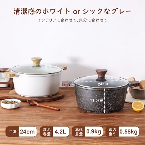 SENSARTE 両手鍋24cm 深型鍋 大きい 卓上鍋 ih対応 焦げつかない マーブルコート PFAS & PTFEフリー お手入れ簡単 カレー鍋 揚げ鍋 すき焼き 鍋料理 グレーの詳細・まとめ 画像