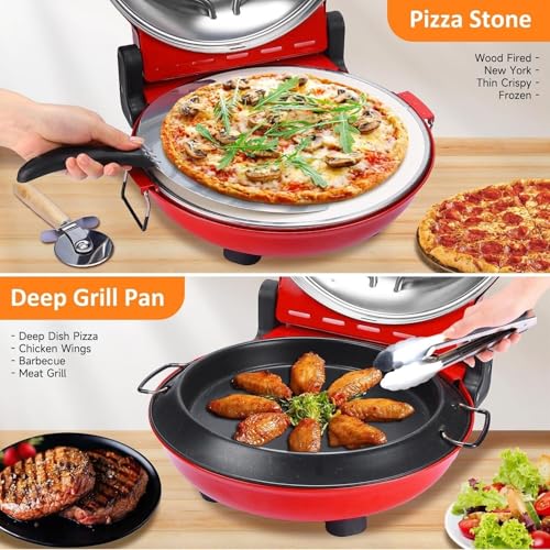 電気ピザオーブン 12 インチ 800°F 高温対応 家庭用 ピザストーン付き グリルパン付き タイマー機能 温度計内蔵 両面発熱 ピザ/チキンウイング/バーベキュー/肉焼き対応 お手入れ簡単(レッド)の特徴・詳細 画像