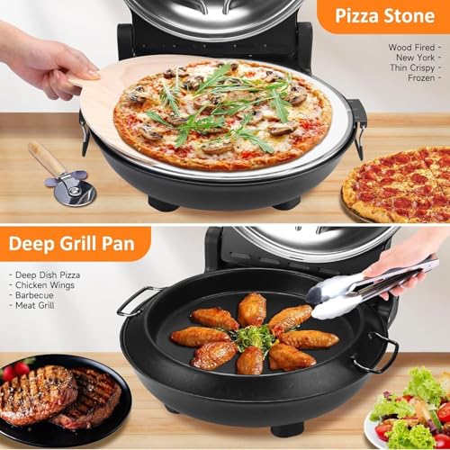 電気ピザオーブン 12 インチ 800°F 高温対応 家庭用 ピザストーン付き グリルパン付き タイマー機能 温度計内蔵 両面発熱 ピザ/チキンウイング/バーベキュー/肉焼き対応 お手入れ簡単(黒)の特徴・詳細 画像