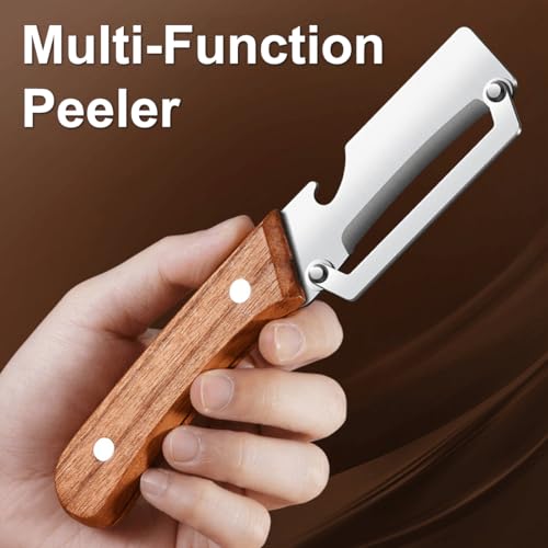 野菜ピーラー 多機能 栓抜き 2 in 1 多機能ピーラー 皮むき器 木製ハンドル ステンレス スチール刃 滑り止め 家庭用 キッチン用品 ピーラーツール 野菜 果物の特徴・詳細 画像
