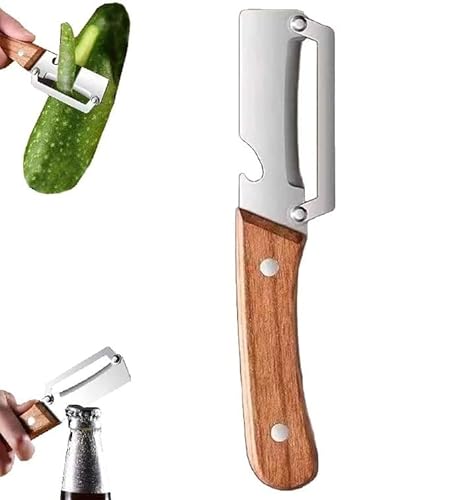 野菜ピーラー 多機能 栓抜き 2 in 1 多機能ピーラー 皮むき器 木製ハンドル ステンレス スチール刃 滑り止め 家庭用 キッチン用品 ピーラーツール 野菜 果物の外観・全体像 画像