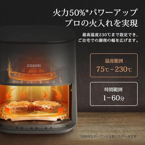 COSORI コソリ ノンフライヤー 4.7L 大容量 家庭用 電気 エアフライヤー 最高温230℃ 揚げ物 ポテト 惣菜 日本語レシピ付き タイマー 自動電源オフ グレー CAF-L501-KJPの特徴・詳細 画像