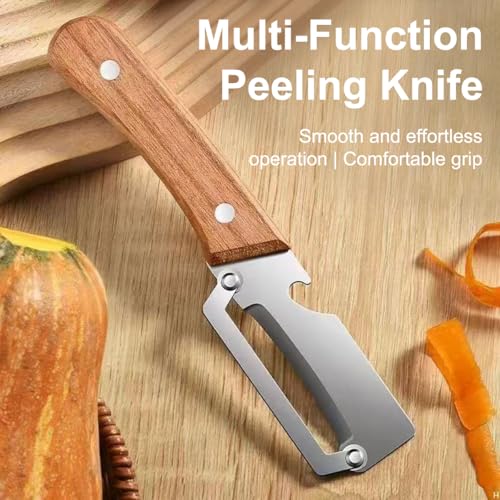 野菜ピーラー 多機能 栓抜き 2 in 1 多機能ピーラー 皮むき器 木製ハンドル ステンレス スチール刃 滑り止め 家庭用 キッチン用品 ピーラーツール 野菜 果物の特徴・詳細 画像
