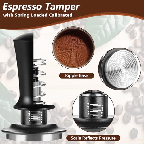 エスプレッソアクセサリー7個、51mmエスプレッソタンパーツール、WDTツールエスプレッソマシンアクセサリーキット、木製エスプレッソタンピングステーション付きコーヒータンパー、ディストリビューター、攪拌機、投与漏斗、ブラシ、パックスクリーン。の特徴・詳細 画像