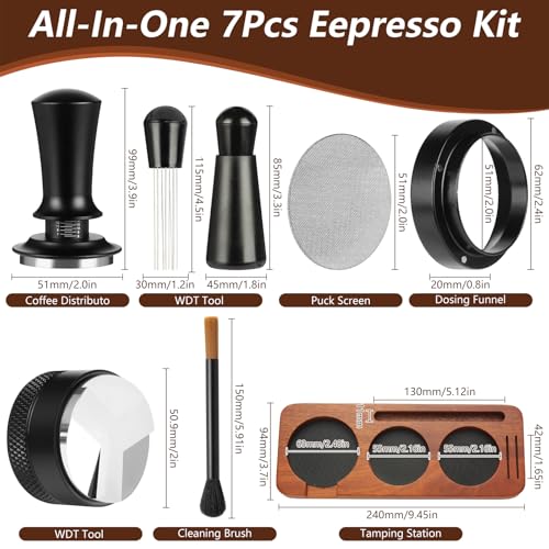 エスプレッソアクセサリー7個、51mmエスプレッソタンパーツール、WDTツールエスプレッソマシンアクセサリーキット、木製エスプレッソタンピングステーション付きコーヒータンパー、ディストリビューター、攪拌機、投与漏斗、ブラシ、パックスクリーン。の特徴・詳細 画像
