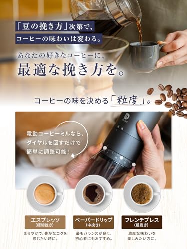 【上質な一杯を求めるなら】Delimo 電動コーヒーミル コードレス 臼式 ステンレス臼 USB 充電式 水洗い可能 コーヒーグラインダー コニカル式 【エスプレッソ対応】【39段階粒度調整】【メーカー一年保証付】の特徴・詳細 画像