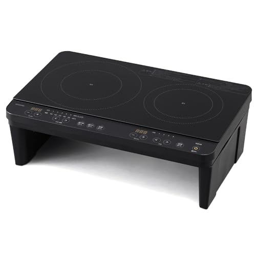 【Amazon.co.jp限定】アイリスオーヤマ 2口 IHクッキングヒーター1400W 100V IHコンロ 工事不要(幅55cm×奥行35cm) 脚付き(18cm) 揚げ物 タイマー搭載 セーフティ機能 簡単お手入れ ブラック IHK-WT41SAZ-Bの外観・全体像 画像