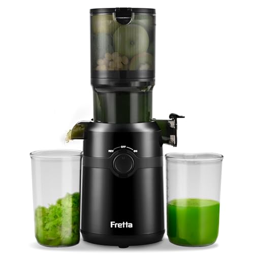 Fretta ジューサー 10.8cm広い投入口 1L大容量 スロージューサー 細かくカット不要 一度投入 取り付け簡単 コールドプレスジューサー 搾りカス分離 BPAフリー 黒の外観・全体像 画像