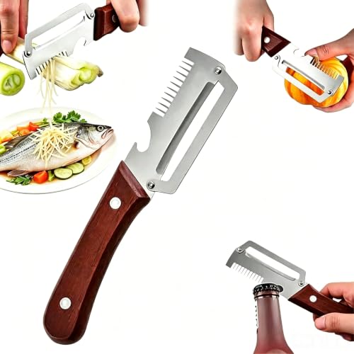 キッチン用ピーラー 千切りスライス可能 3in1 多機能野菜ピーラー 皮むき器 栓抜き兼用 千切りスライス可能 ステンレス製刃 木製グリップ 滑り止め設計 キッチン調理道具 野菜果物対応 お手入れ簡単 こげ茶の外観・全体像 画像