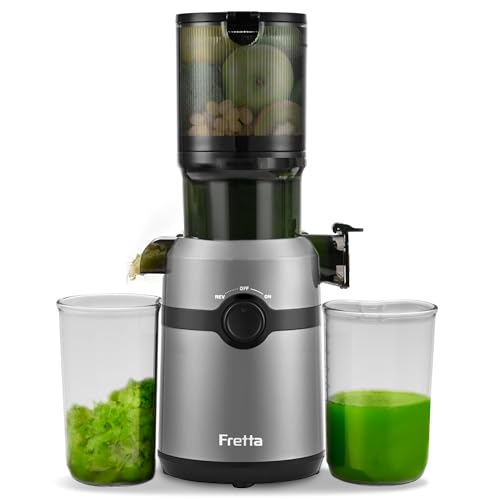 Fretta ジューサー 10.8cm広い投入口 1L大容量 スロージューサー 細かくカット不要 一度投入 取り付け簡単 コールドプレスジューサー 搾りカス分離 BPAフリー グレーの外観・全体像 画像