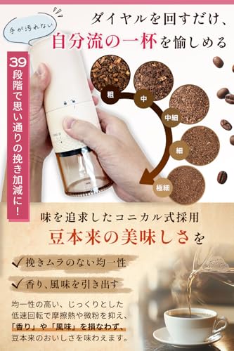 【anan掲載xバリスタ監修】 電動コーヒーミル セラミックミル コードレス コーヒーミル コニカル式 USB 充電式 水洗い可能 コーヒーグラインダー Leggero『タッチパネル簡単操作/挽き目39段階調整』(ブラック)の特徴・詳細 画像