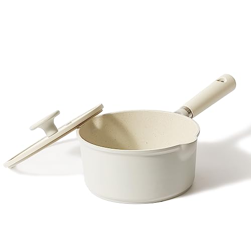 CAROTE カローテ 片手鍋 18cm 蓋付き IH対応 PFOA PFOS フリー ソースパン マーブルコーティング くっつきにくい 洗いやすい 一人鍋 揚げ物 煮物 1年保証 グレージュ COSY高級版 (18cm)の外観・全体像 画像