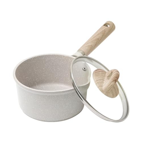 CAROTE カローテ 片手鍋16cm 蓋付き IH対応 ミルクパン PFOA PFOS フリー マーブルコーティング くっつきにくく洗いやすい 一人鍋 揚げ物 一年保証 グレージュ COSY (16cm)の外観・全体像 画像