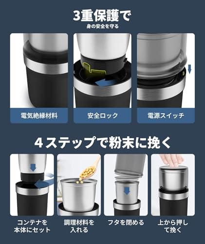 BESROY コーヒーミル 電動 カッター コーヒーミル 電動コーヒーミル 粉末 コーヒー豆 ひき機 水洗い可能 豆挽き/緑茶/山椒/唐辛子/胡椒/山椒/調味料/穀物を挽く 一台多役 掃除ブラシ付 お手入れ簡単の詳細・まとめ 画像